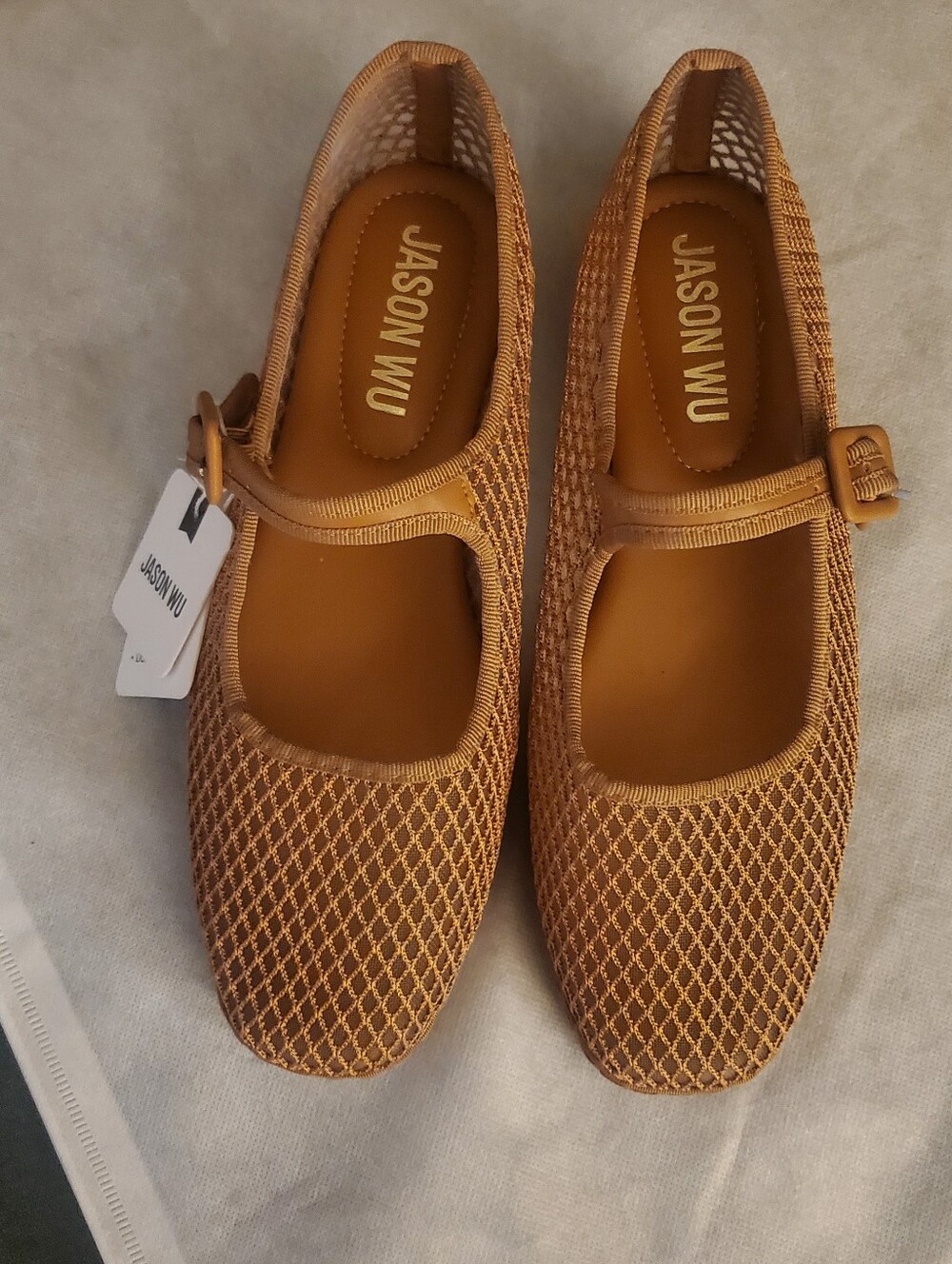 Jason Wu Textured Mesh Mary Jane Low Wedge in Cognac